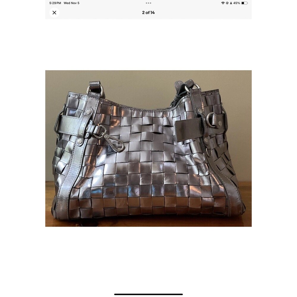 Calonge Woven Silver Metallic Leather Shoulder Bag with Dust Bag